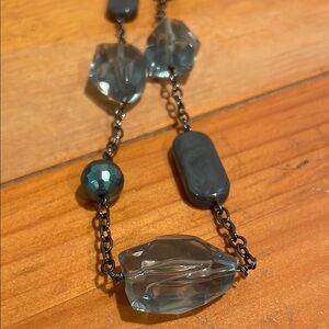 New Blue Beaded Necklace with Chunky Chain and Smoky Centerpiece